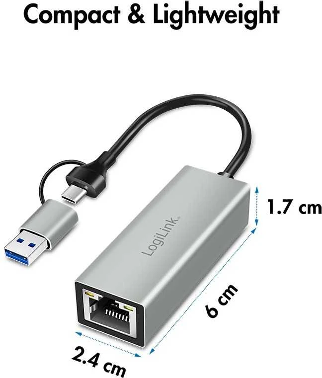 LogiLink USB adapteris, USB 3.2 Gen1, USB-A/C į gigabitinį eternetą, aliuminis