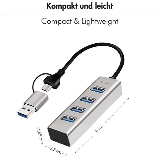 LogiLink USB 3.0 šakotuvas su matmenų schema