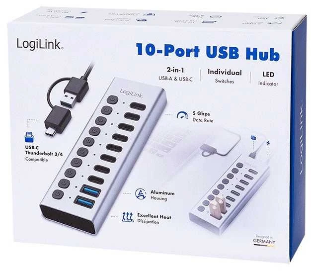 „LogiLink Hub usb3.2“ 10 prievadų USB-A/C su įjungimo/išjungimo funkcija