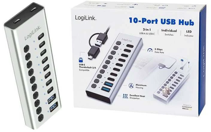 „LogiLink Hub usb3.2“ 10 prievadų USB-A/C su įjungimo/išjungimo funkcija