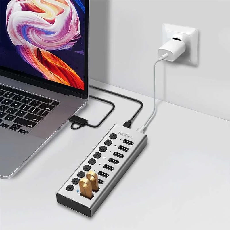 „LogiLink Hub usb3.2“ 10 prievadų USB-A/C su įjungimo/išjungimo funkcija