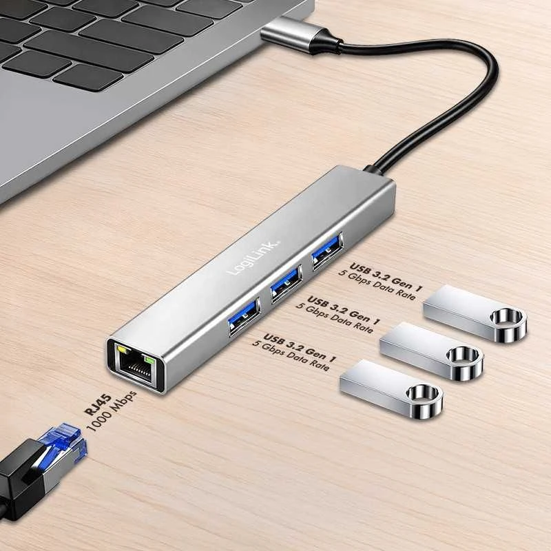 „LogiLink“ šakotuvas USB3.2, 3x USB-A, 1x RJ45 gigabitinis eternetas