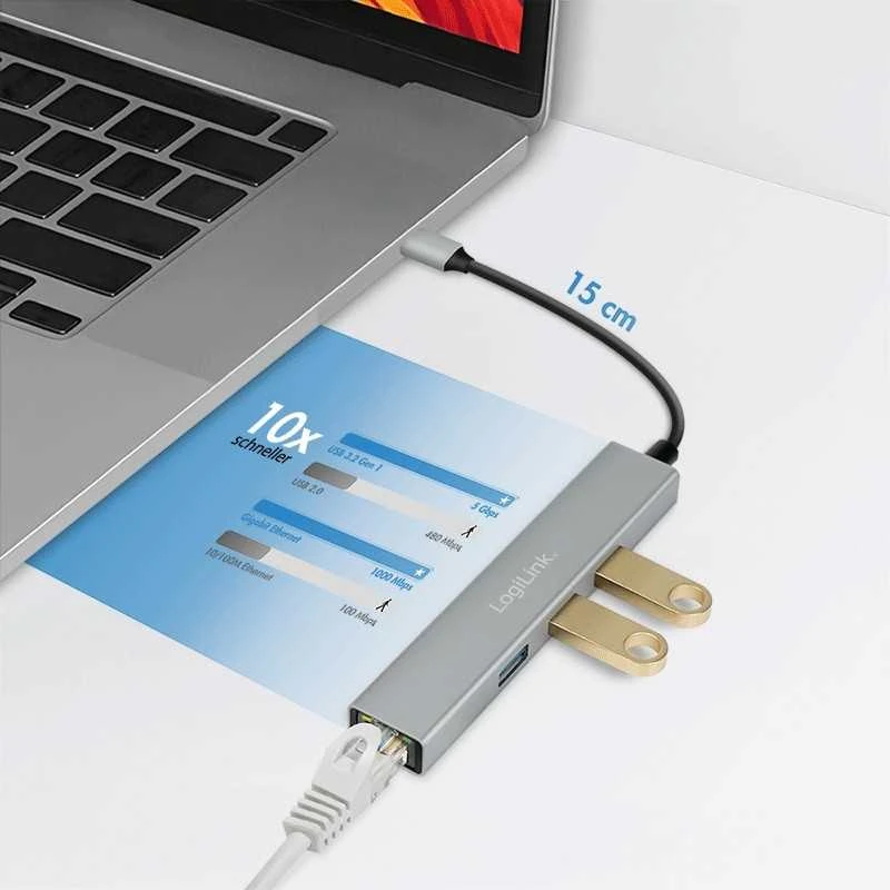 „LogiLink“ šakotuvas USB3.2, 3x USB-A, 1x RJ45 gigabitinis eternetas