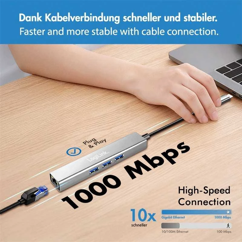„LogiLink“ šakotuvas USB3.2, 3x USB-A, 1x RJ45 gigabitinis eternetas