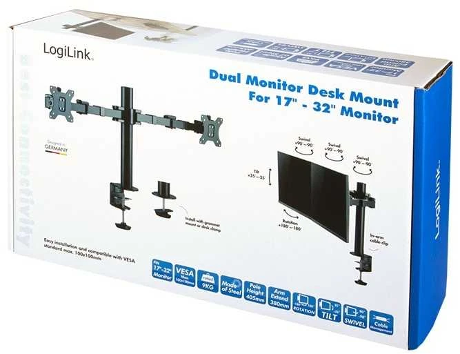 LOGILINK BP0106 Dvigubas monitoriaus laikiklis, reguliuojamas 17–32 colių rankenos ilgis