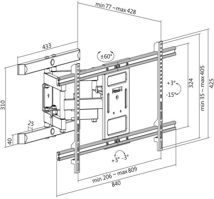 Laikiklis „LogiLink“ LOGILINK BP0115 televizorius, montuojamas ant sienos, 43–90 colių pakreipimas +3–15 pasukamas +-60 428 mm