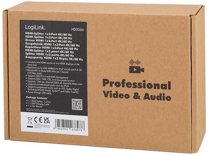 Šakotuvas LogiLink Splitter HDMI, 1x2-Port 4K/60Hz