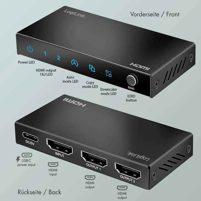 Šakotuvas LogiLink Splitter HDMI, 1x2-Port 4K/60Hz