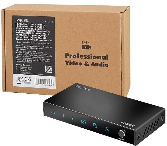 Šakotuvas LogiLink Splitter HDMI, 1x2-Port 4K/60Hz
