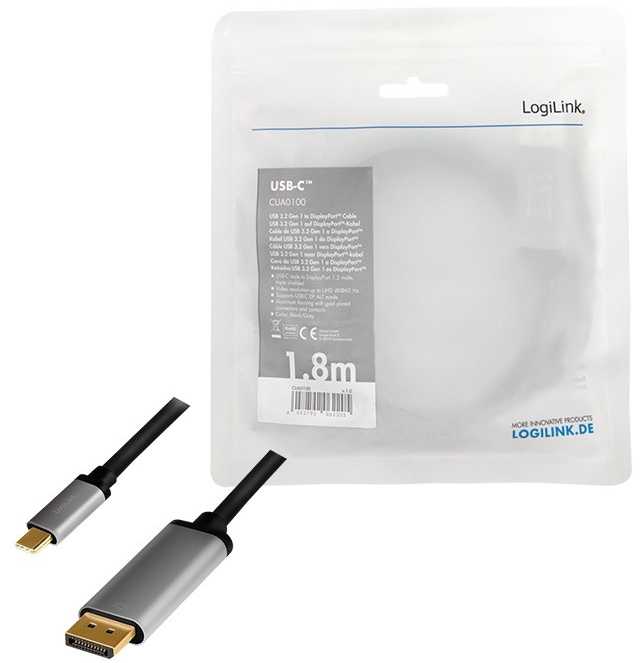 LogiLink Usb-c į dp laidas, 4k 60hz aliuminio 1,8m