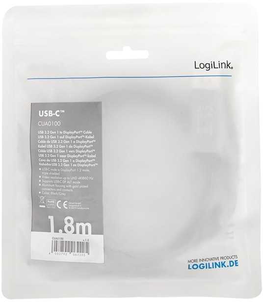 LogiLink Usb-c į dp laidas, 4k 60hz aliuminio 1,8m