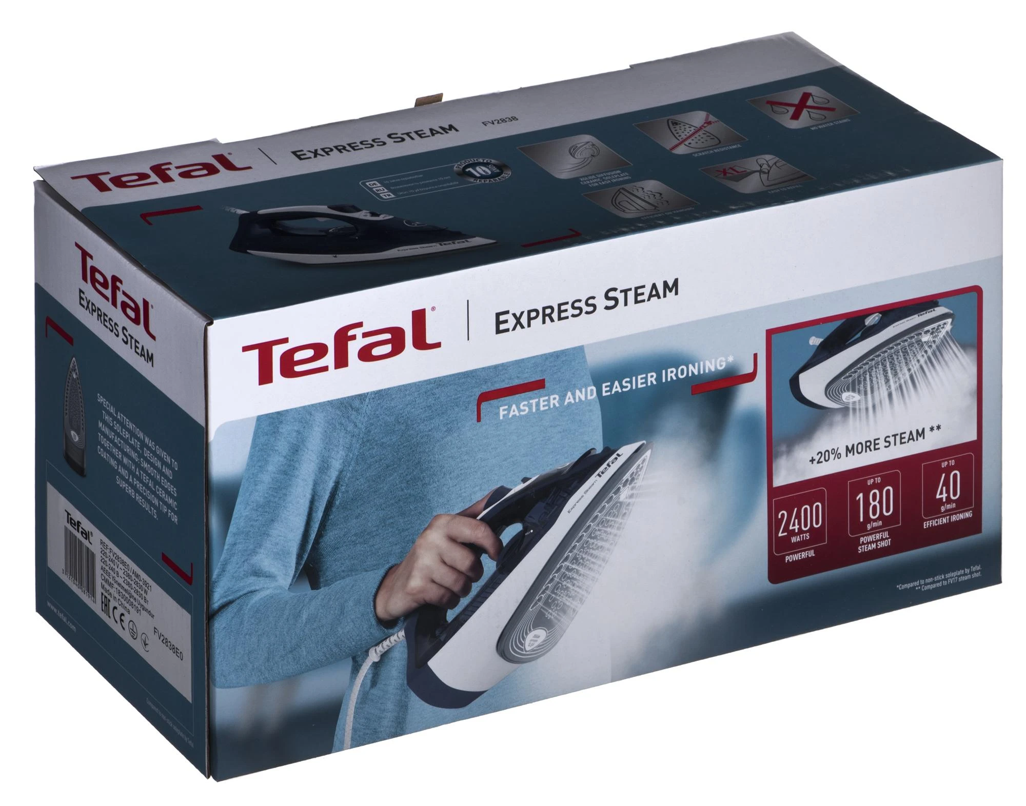 TEFAL | FV2838E0 | Garų lygintuvas | 2400 W | Vanduo tank capacity 270 ml | Continuous steam 40 g/min | Mėlyna/Baltas