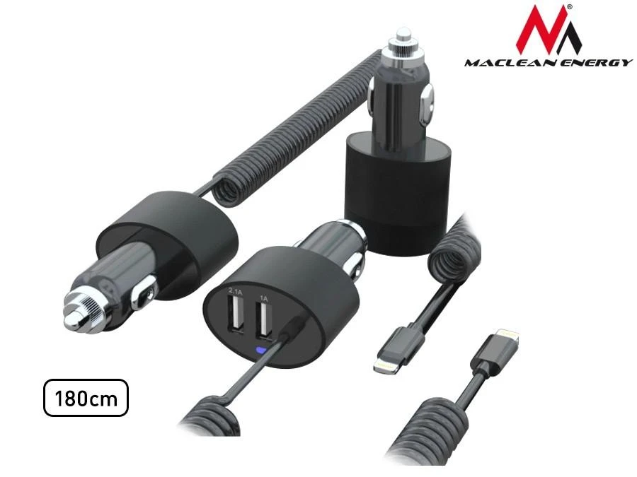 Maclean MCE76 37545 Automobilinis įkroviklis 2xUSB, 5.2A, „Lightning“ spiralė 1.8m