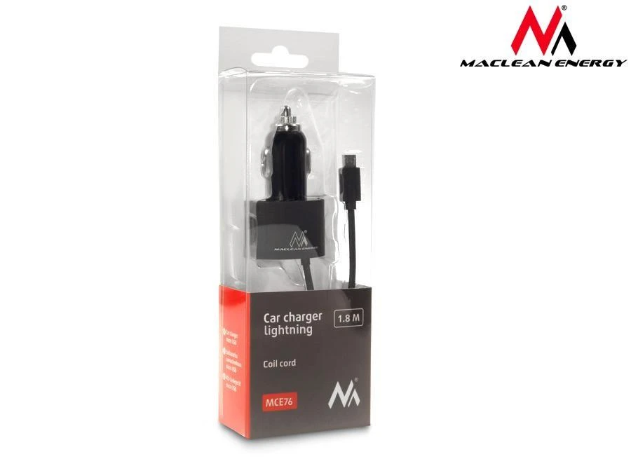 Maclean MCE76 37545 Automobilinis įkroviklis 2xUSB, 5.2A, „Lightning“ spiralė 1.8m