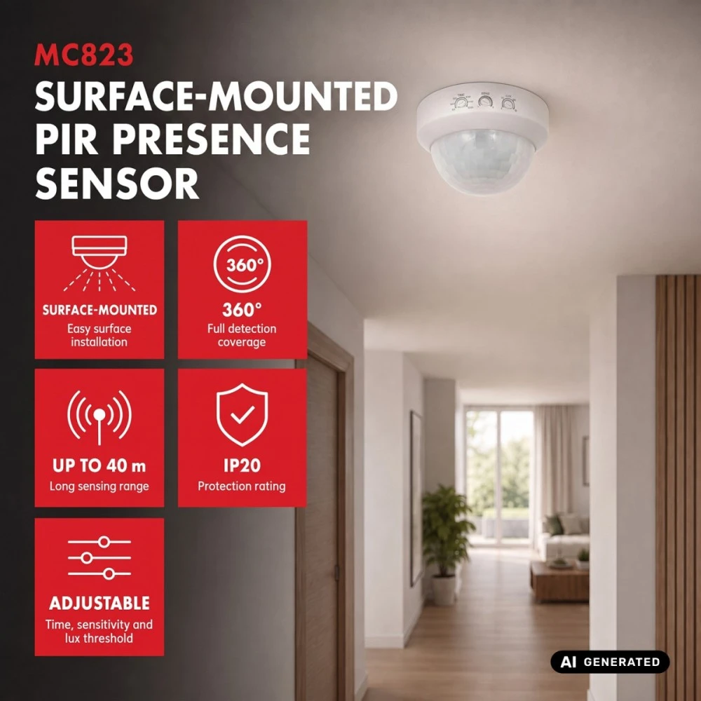 PIR judesio jutiklis Maclean, montuojamas ant paviršiaus, veikimo nuotolis 10x40 m, 1000 W/2000 W, 220–240 V AC, 50/60 Hz, MCE823