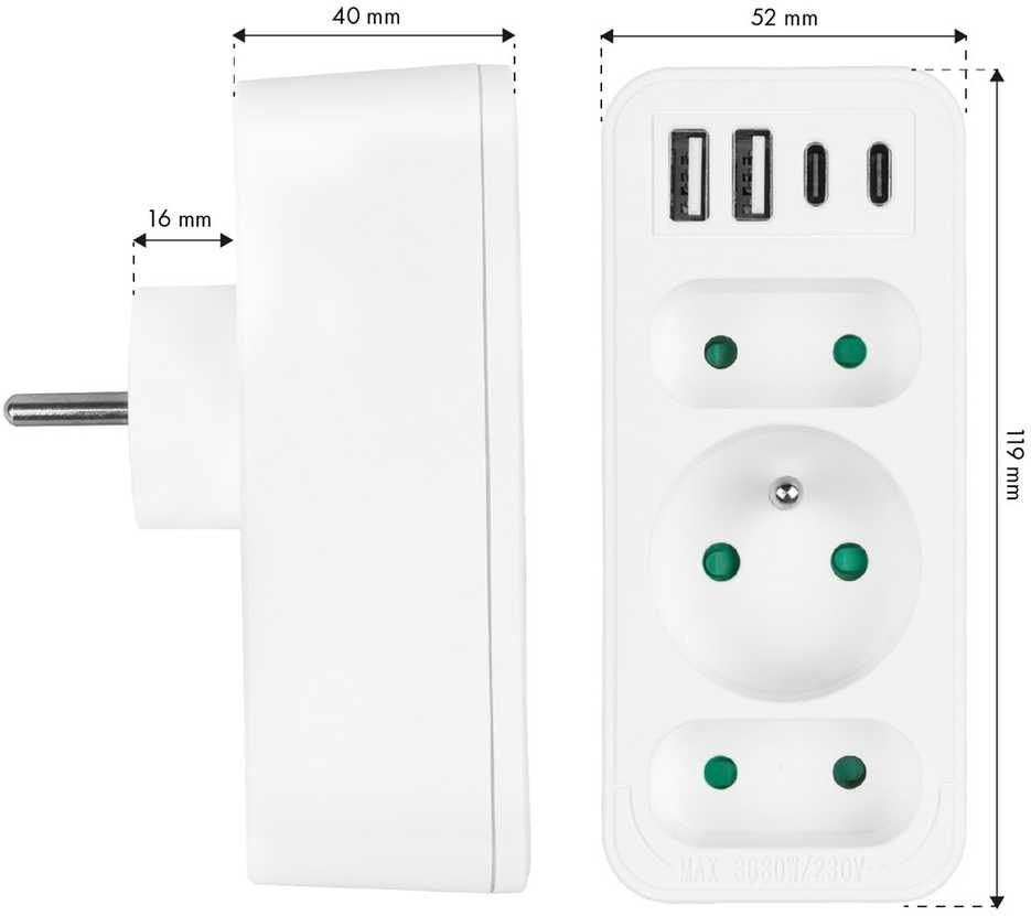 Srovės lizdai x3 + 4xUSB Maclean, skirstytuvas su 3 lizdais, 2xUSB A, 2xUSB C PD 20W, 1x16A + 2x6A, MCE248 F/W