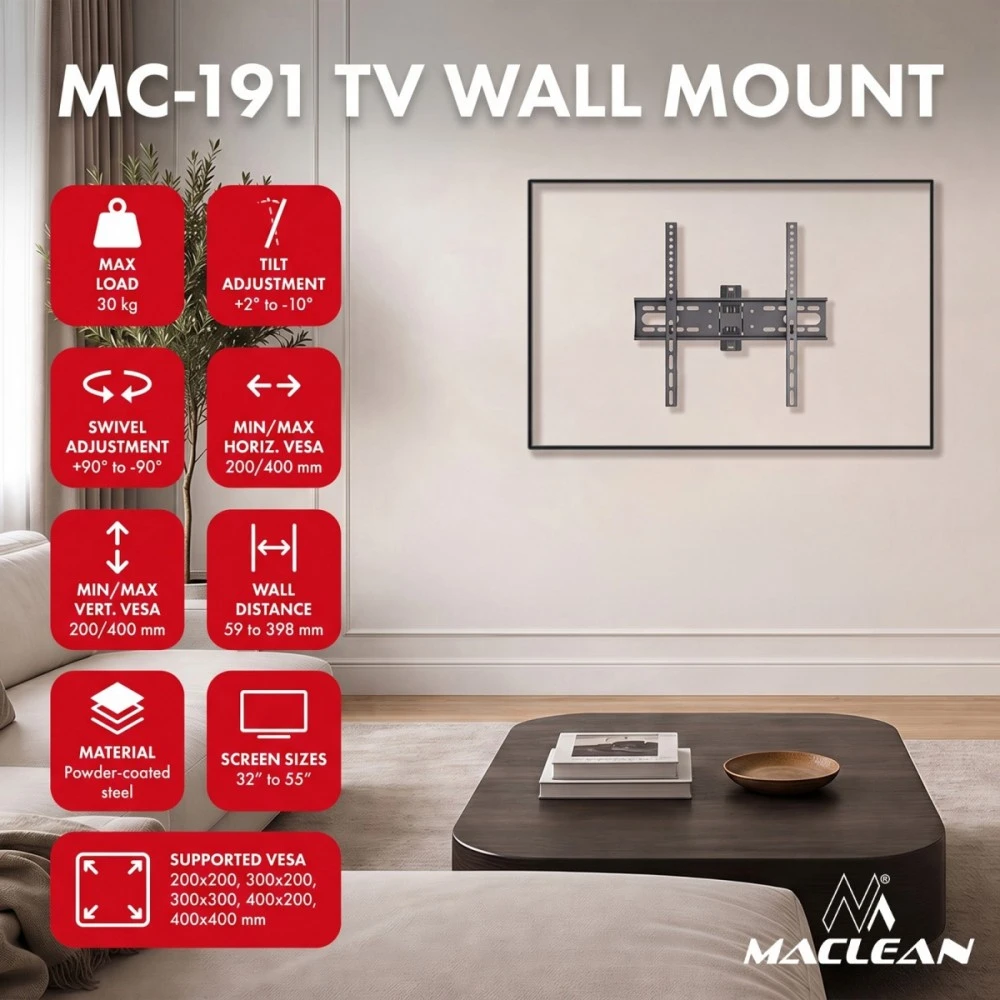 Maclean laikiklis / pakaba TV 32-55'' Maclean laikiklis / pakaba TV, max VESA 400x400, 32-55", iki 30 kg, juoda, reguliuojamas pasvirimas