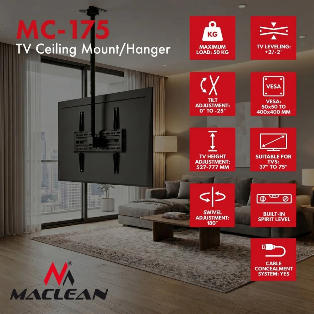 Laikiklis „Maclean“ televizoriaus lubinis laikiklis, maks. apkrova 50 kg, 37–75 colių, maks. VESA 400x400, MC-175