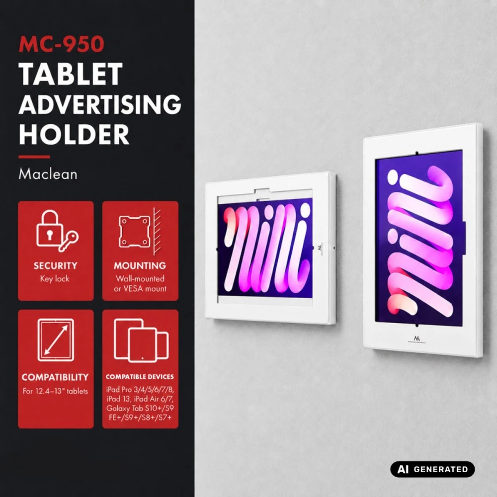 Laikiklis reklamowy do tabletu Maclean, su blokadą. 12.4"-13", iPad Air/ Pro, Samsung Tab S10+/S9+/S8+/S7+, 257x350x22mm, MC-950 B