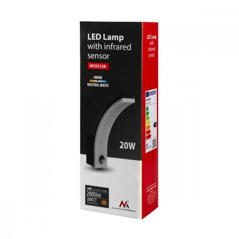 Lampa „Maclean“ LED šviestuvas su judesio jutikliu, PIR judesio jutikliu, juodas, 20 W, IP65, 2000 lm, neutrali balta (4000 K) MCE512 B