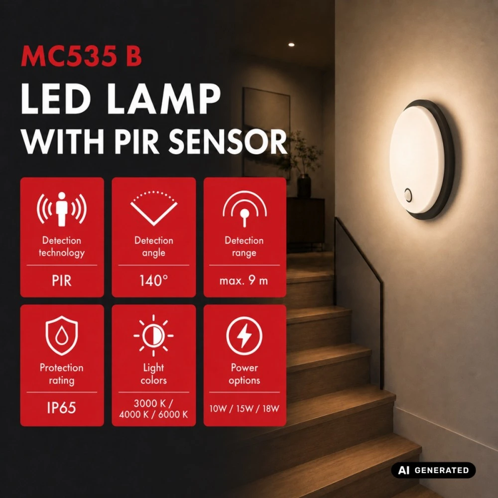 Lubinis šviestuvas Lampa LED su judesio jutikliu Maclean, PIR jutiklis, juoda, 10W/15/18W, IP65, galimybė keisti spalvą 3000/4000/6000K, MCE535 B