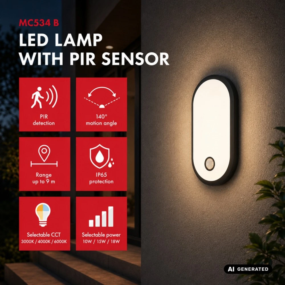 Lubinis šviestuvas Lampa LED su judesio jutikliu Maclean, PIR jutiklis, juoda, 10W/15/18W, IP65, galimybė keisti spalvą 3000/4000/6000K, MCE534 B