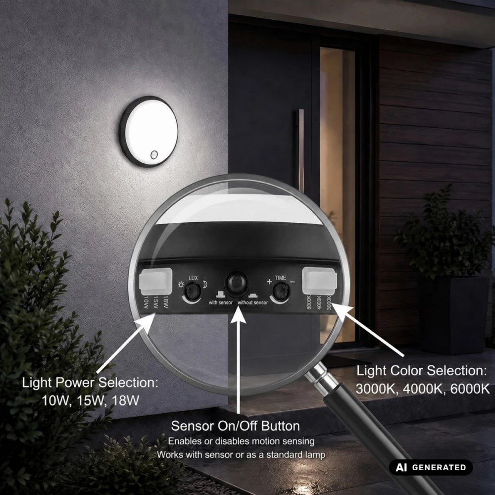 Lubinis šviestuvas Lampa LED su judesio jutikliu Maclean, PIR jutiklis, juoda, 10W/15/18W, IP65, galimybė keisti spalvą 3000/4000/6000K, MCE535 B