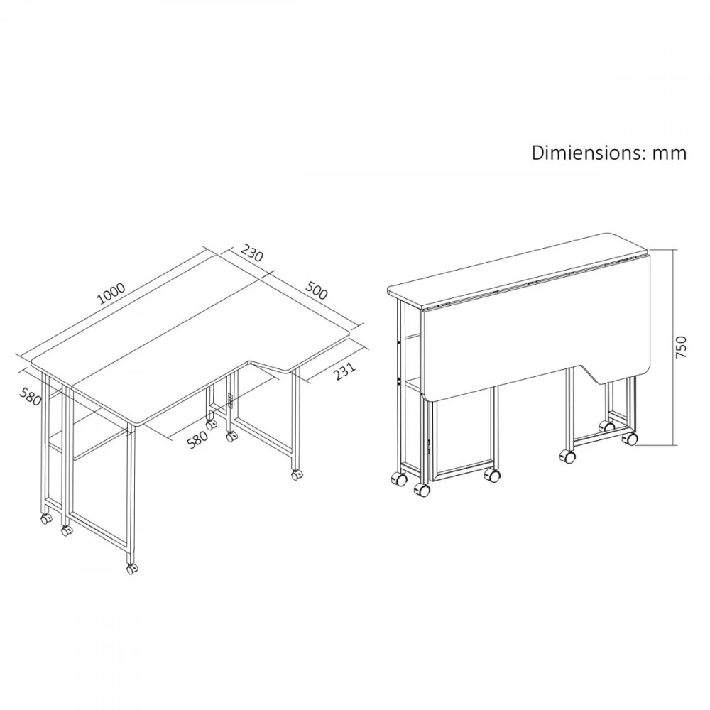 Maclean sulankstomas rašomasis stalas / staliukas maclean, juodas, mobilus 100x73cm, max. 50kg, kampinis, L formos, mc-126 l/b mc-126 l/b
