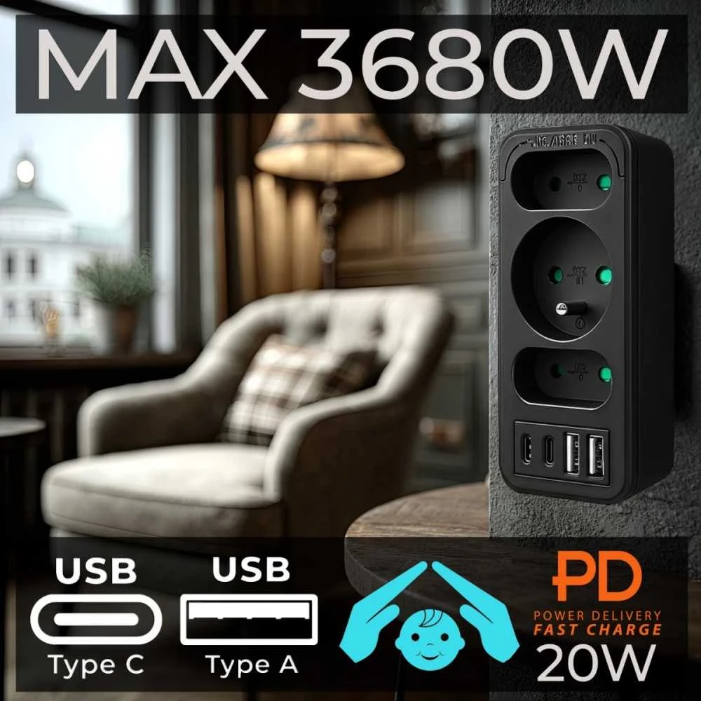 Maclean Skirstytuvas 3 lizdams mce248 f/b 2xusb-a 2xusb-c juodas