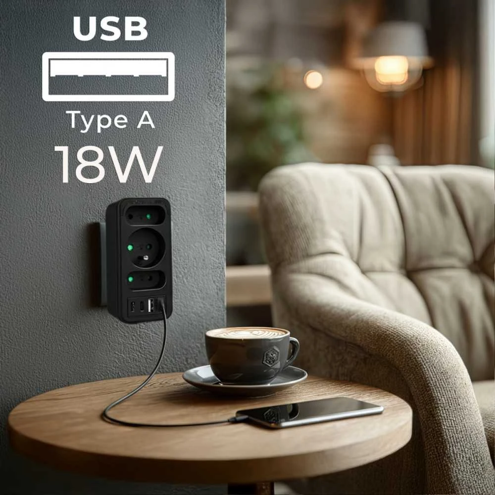 Maclean Skirstytuvas 3 lizdams mce248 f/b 2xusb-a 2xusb-c juodas
