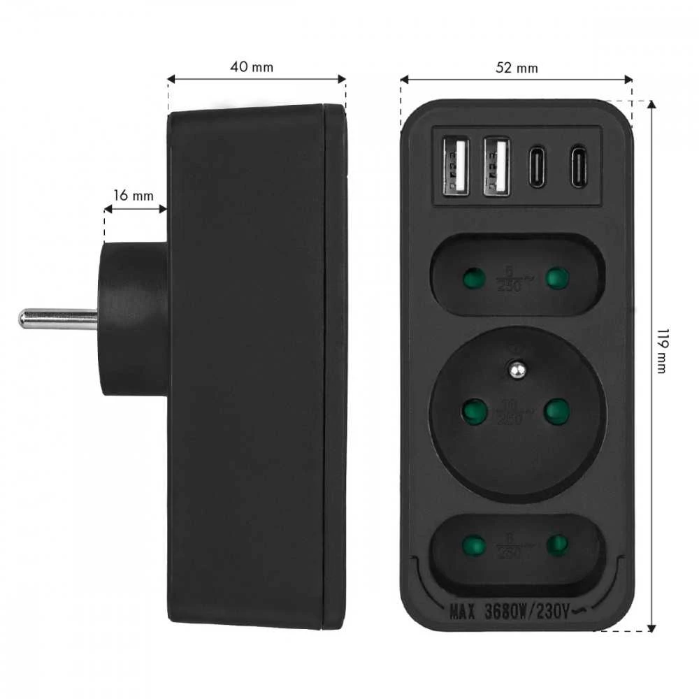 Maclean Skirstytuvas 3 lizdams mce248 f/b 2xusb-a 2xusb-c juodas