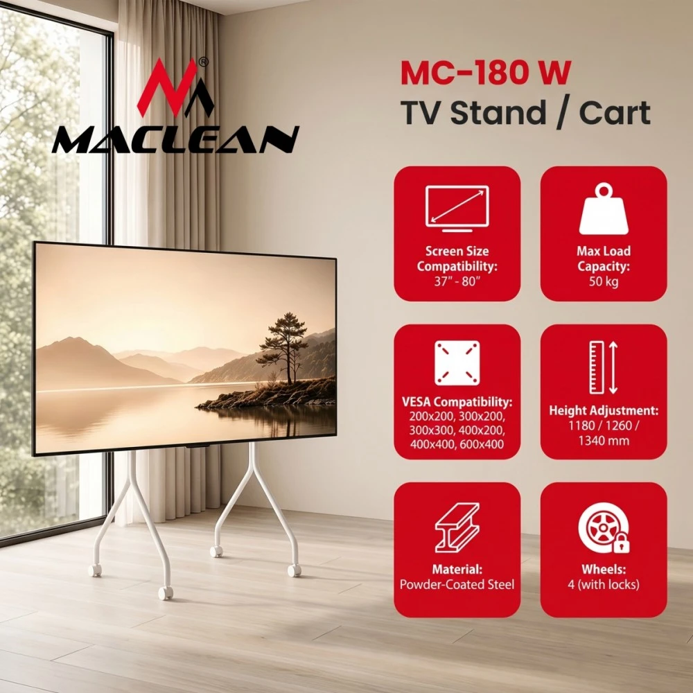 Laikiklis Stand „Maclean“ televizoriaus stovas/vežimėlis, ant ratukų, 37–80", maks. apkrova 50 kg, maks. VESA 600x400, baltas, MC-180 W