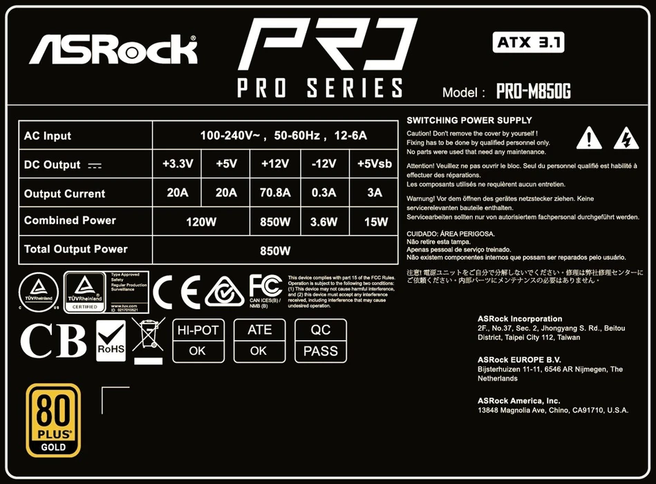 Asrock PRO-M850G 850W 80 PLUS Gold maitinimo blokas