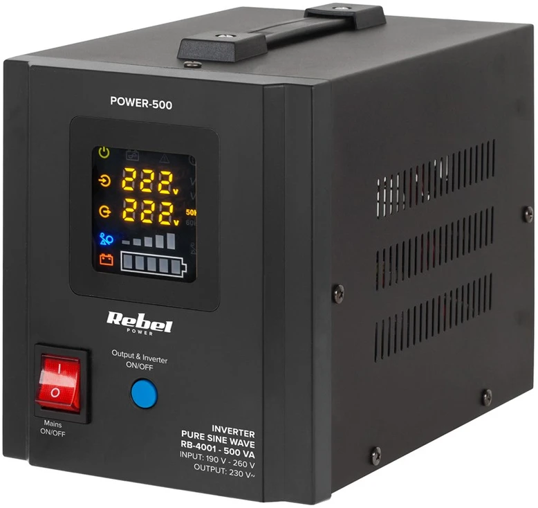 Nepertraukiamo maitinimo šaltinis Rebel POWER-500 - inverteris su gryna sinusine banga ir įkrovimo funkcija 12V 230V 500VA 300W