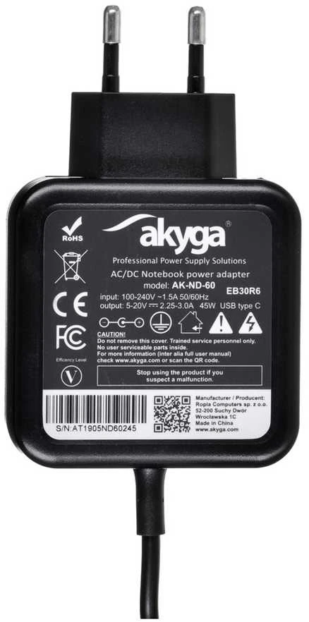 Nešiojamojo kompiuterio pakrovėjas Akyga AK-ND-60 (5-20V / 2.25-3A 45W) USB type C 1.2m Power Delivery