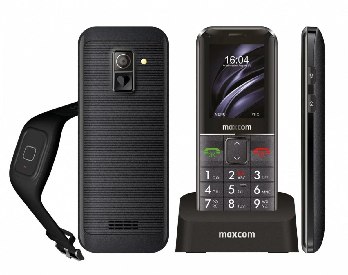 „Maxcom Comfort MM735“ su įkrovimo stotele + SOS apyranke juodos spalvos