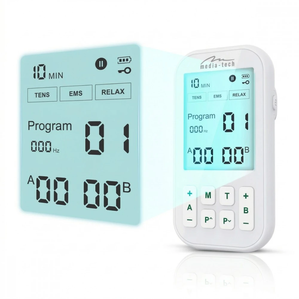 Media-Tech TENS/EMS PHYSIOTHERAPY MASSAGER – 3-in-1 TENS/EMS nervų ir raumenų stimuliatorius, 60 programų, intuityvus meniu, didelis LCD ekranas, 2 nepriklausomi A/B kanalai, TIMER funkcija, saugūs ir hipoalergiški elektrodai, įkraunama USB-C baterija.