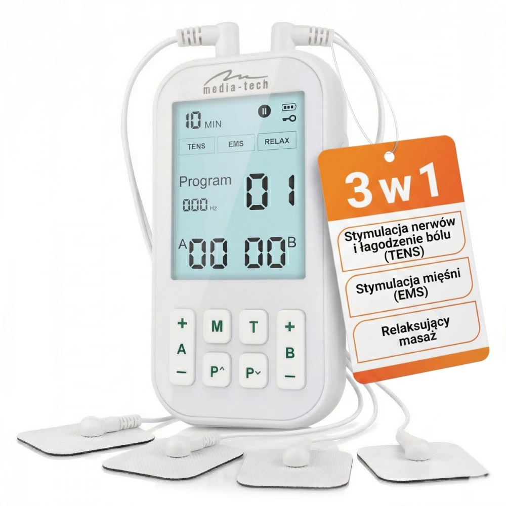 Media-Tech TENS/EMS PHYSIOTHERAPY MASSAGER – 3-in-1 TENS/EMS nervų ir raumenų stimuliatorius, 60 programų, intuityvus meniu, didelis LCD ekranas, 2 nepriklausomi A/B kanalai, TIMER funkcija, saugūs ir hipoalergiški elektrodai, įkraunama USB-C baterija.