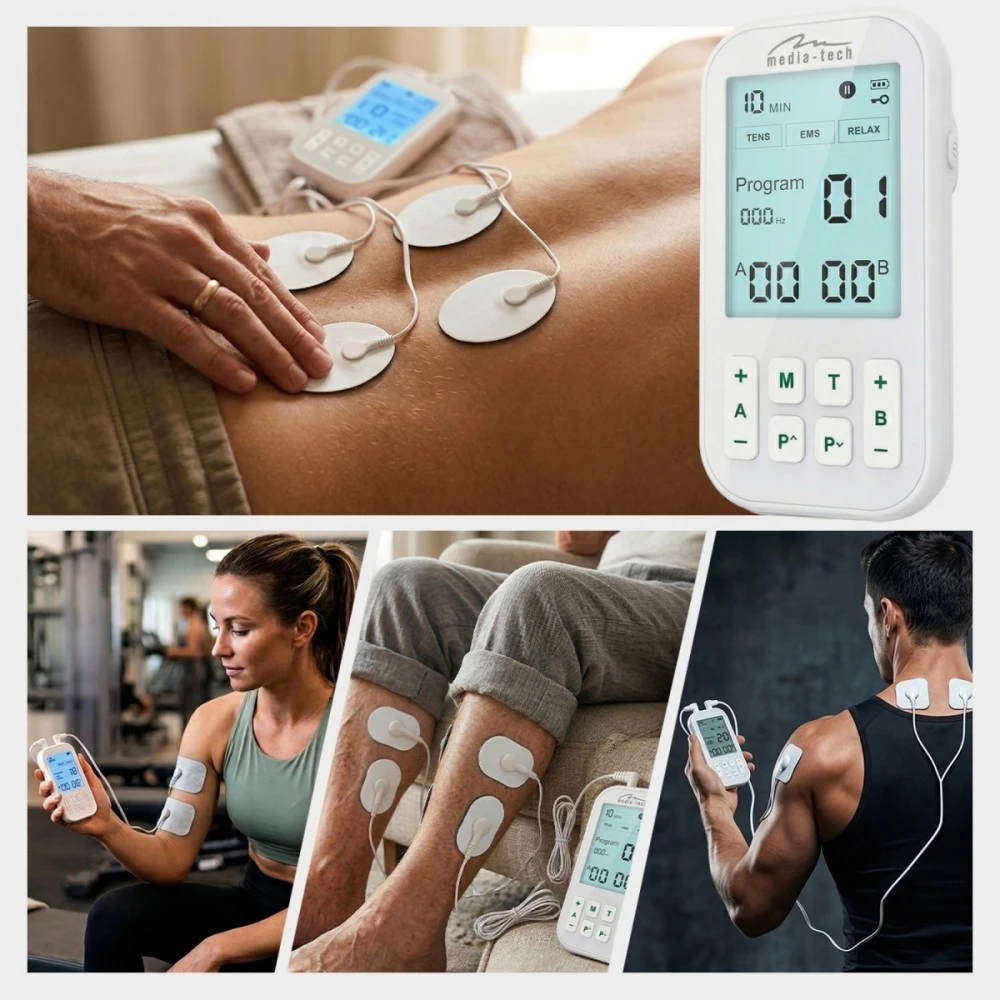 Media-Tech TENS/EMS PHYSIOTHERAPY MASSAGER – 3-in-1 TENS/EMS nervų ir raumenų stimuliatorius, 60 programų, intuityvus meniu, didelis LCD ekranas, 2 nepriklausomi A/B kanalai, TIMER funkcija, saugūs ir hipoalergiški elektrodai, įkraunama USB-C baterija.