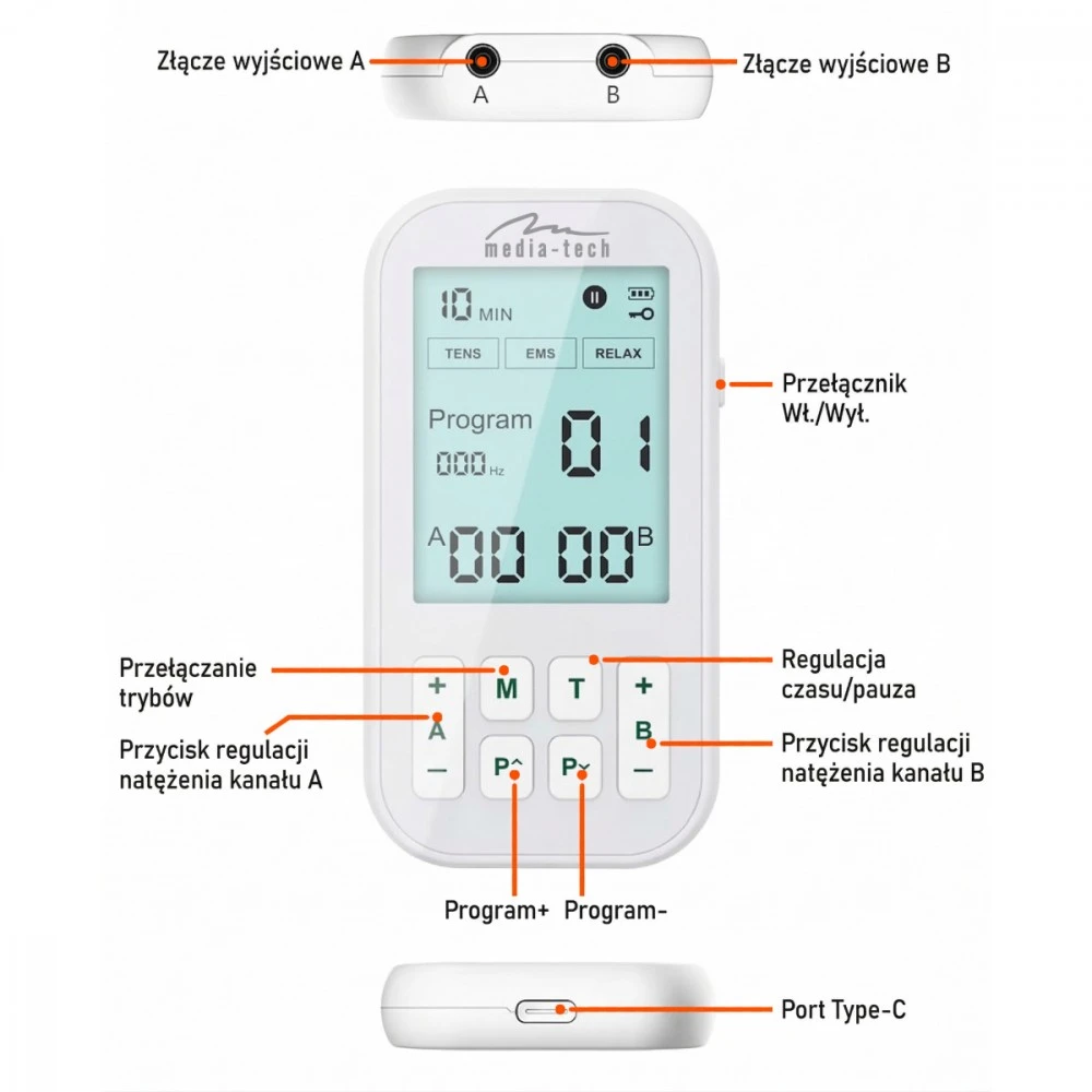 Media-Tech TENS/EMS PHYSIOTHERAPY MASSAGER – 3-in-1 TENS/EMS nervų ir raumenų stimuliatorius, 60 programų, intuityvus meniu, didelis LCD ekranas, 2 nepriklausomi A/B kanalai, TIMER funkcija, saugūs ir hipoalergiški elektrodai, įkraunama USB-C baterija.