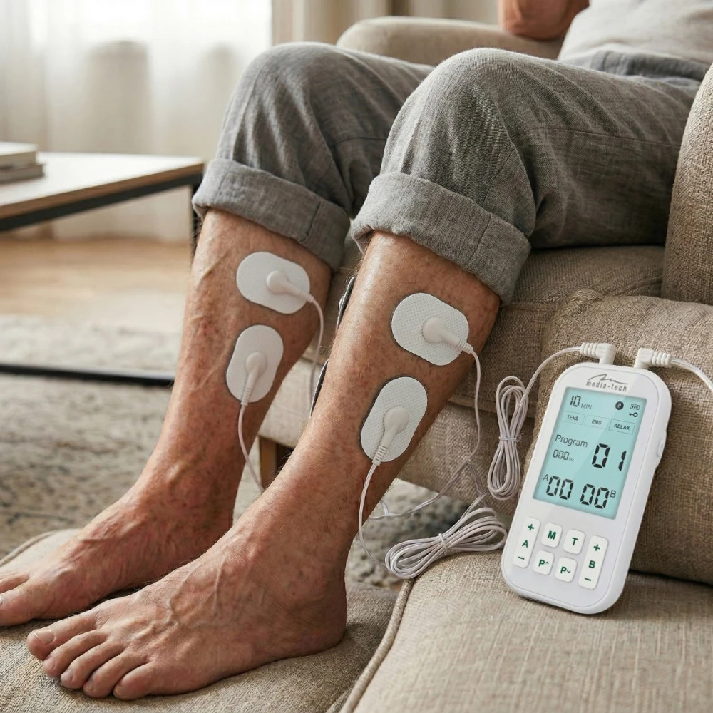 Media-Tech TENS/EMS PHYSIOTHERAPY MASSAGER – 3-in-1 TENS/EMS nervų ir raumenų stimuliatorius, 60 programų, intuityvus meniu, didelis LCD ekranas, 2 nepriklausomi A/B kanalai, TIMER funkcija, saugūs ir hipoalergiški elektrodai, įkraunama USB-C baterija.