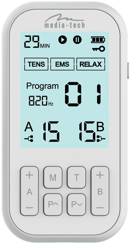 Media-Tech TENS/EMS PHYSIOTHERAPY MASSAGER – 3-in-1 TENS/EMS nervų ir raumenų stimuliatorius, 60 programų, intuityvus meniu, didelis LCD ekranas, 2 nepriklausomi A/B kanalai, TIMER funkcija, saugūs ir hipoalergiški elektrodai, įkraunama USB-C baterija.