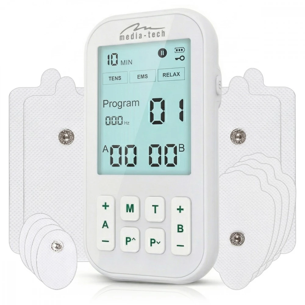Media-Tech TENS/EMS PHYSIOTHERAPY MASSAGER – 3-in-1 TENS/EMS nervų ir raumenų stimuliatorius, 60 programų, intuityvus meniu, didelis LCD ekranas, 2 nepriklausomi A/B kanalai, TIMER funkcija, saugūs ir hipoalergiški elektrodai, įkraunama USB-C baterija.