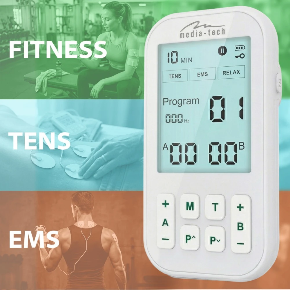 Media-Tech TENS/EMS PHYSIOTHERAPY MASSAGER – 3-in-1 TENS/EMS nervų ir raumenų stimuliatorius, 60 programų, intuityvus meniu, didelis LCD ekranas, 2 nepriklausomi A/B kanalai, TIMER funkcija, saugūs ir hipoalergiški elektrodai, įkraunama USB-C baterija.
