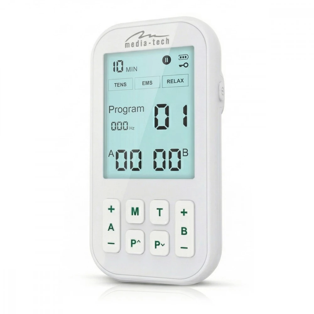 Media-Tech TENS/EMS PHYSIOTHERAPY MASSAGER – 3-in-1 TENS/EMS nervų ir raumenų stimuliatorius, 60 programų, intuityvus meniu, didelis LCD ekranas, 2 nepriklausomi A/B kanalai, TIMER funkcija, saugūs ir hipoalergiški elektrodai, įkraunama USB-C baterija.