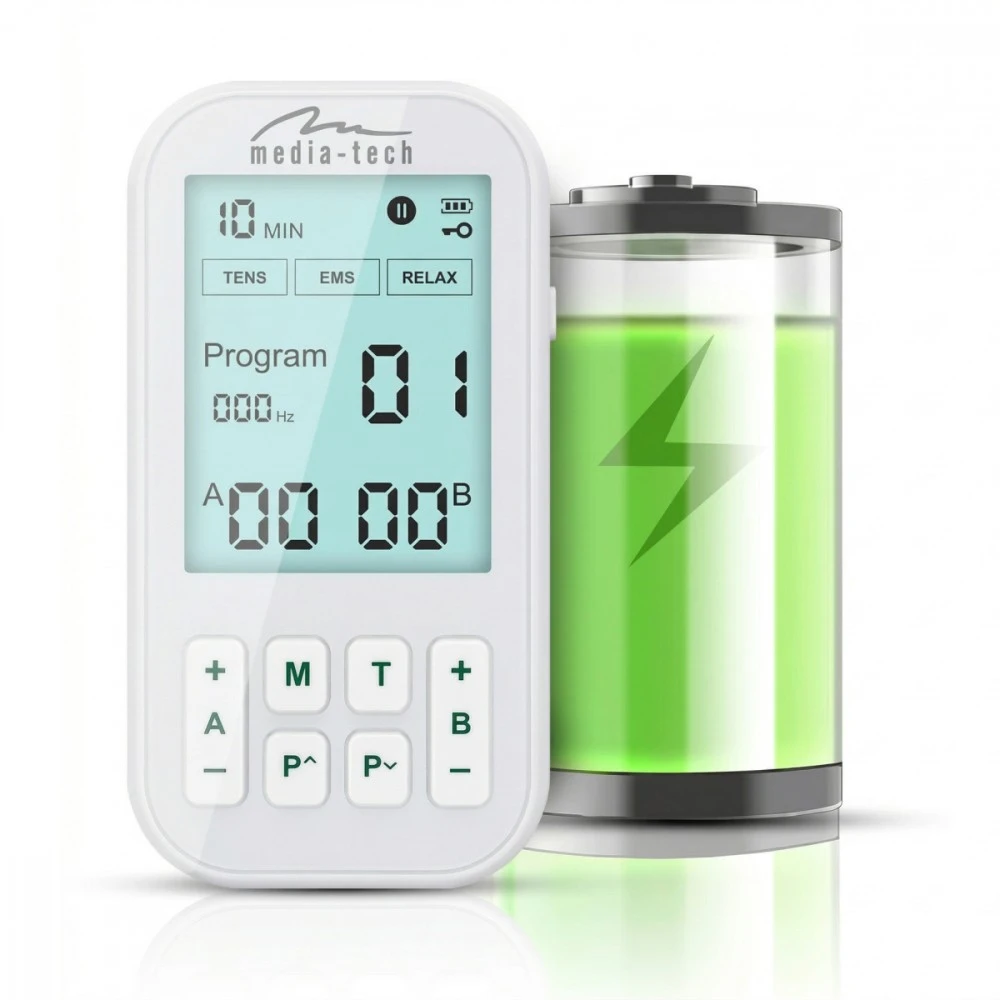 Media-Tech TENS/EMS PHYSIOTHERAPY MASSAGER – 3-in-1 TENS/EMS nervų ir raumenų stimuliatorius, 60 programų, intuityvus meniu, didelis LCD ekranas, 2 nepriklausomi A/B kanalai, TIMER funkcija, saugūs ir hipoalergiški elektrodai, įkraunama USB-C baterija.