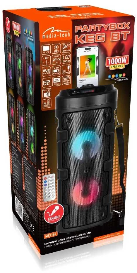 Media-Tech Garsiakalbis partybox keg bt mt3165 v2.0 karaoke/bluetooth 5.0+edr/fm/mp3/microsd/usb/equalizer/aux/jack 6.3/pilot/dirželis/usb-c/led/rms 40w/pmpo 1000w