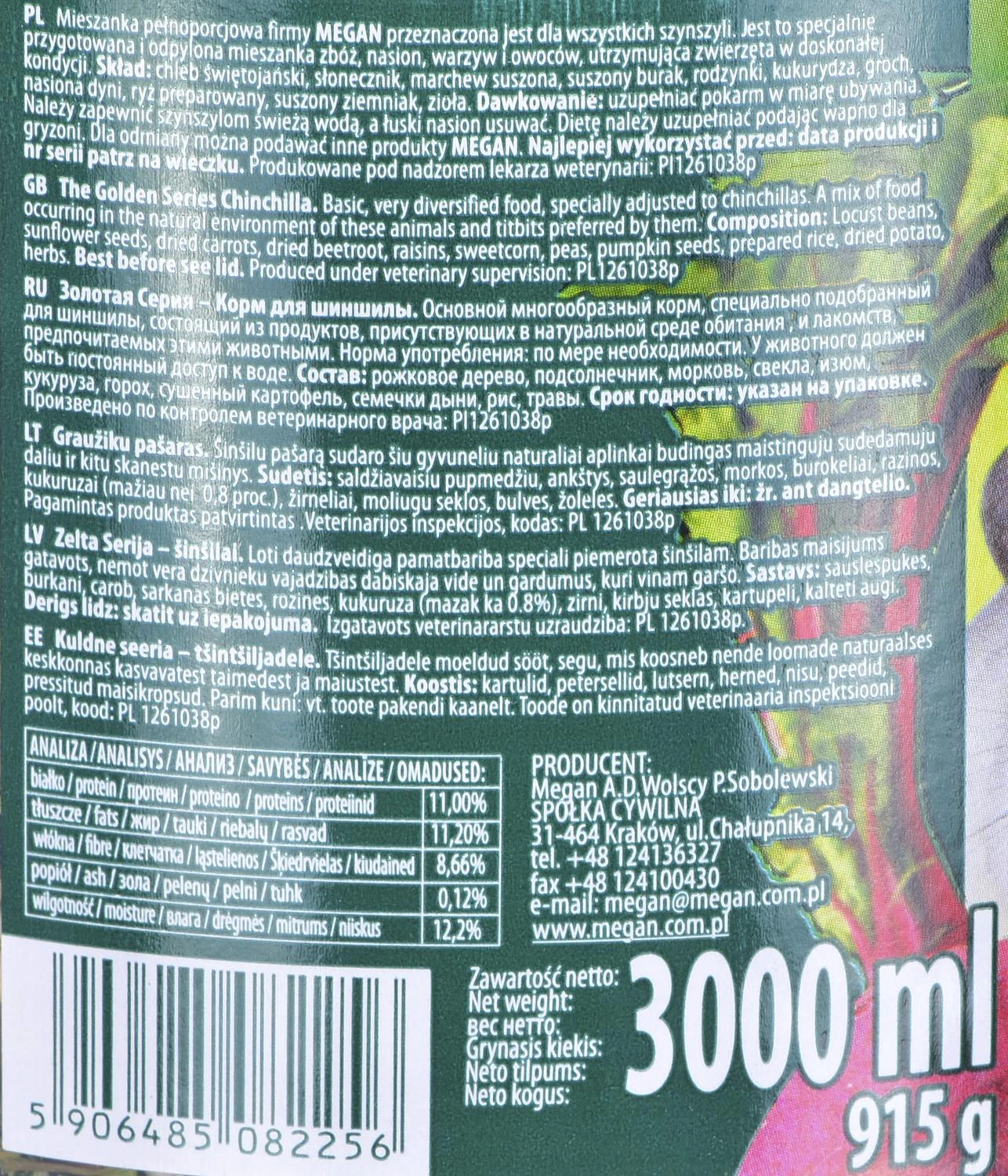 Pašaras šinšiloms Megan, 915 gr