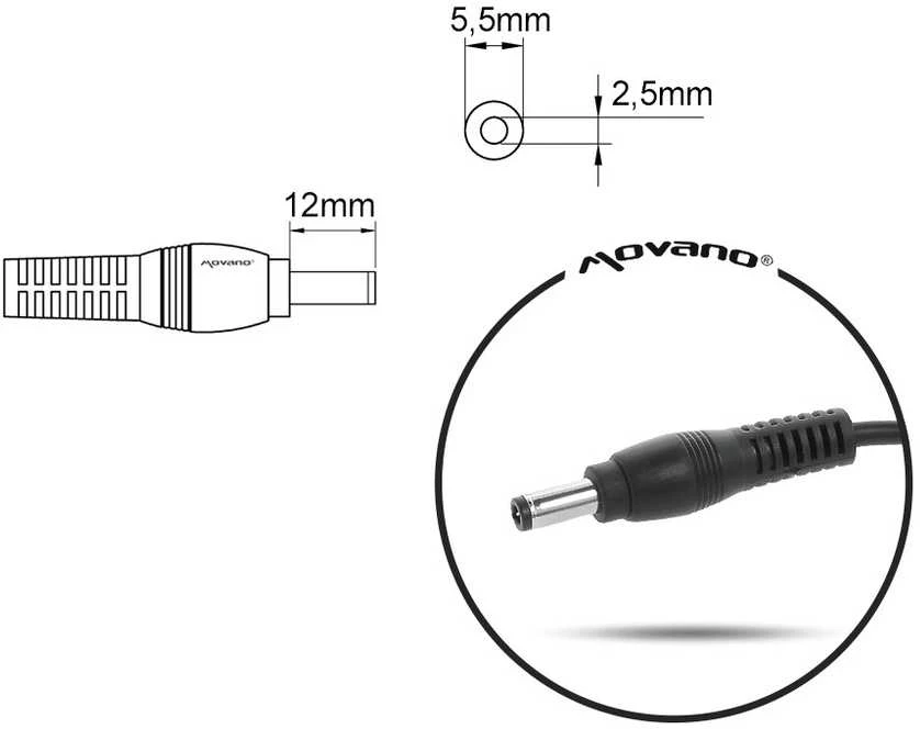 Mitsu įkroviklio 5.5x2.5 mm jungties matmenų schema