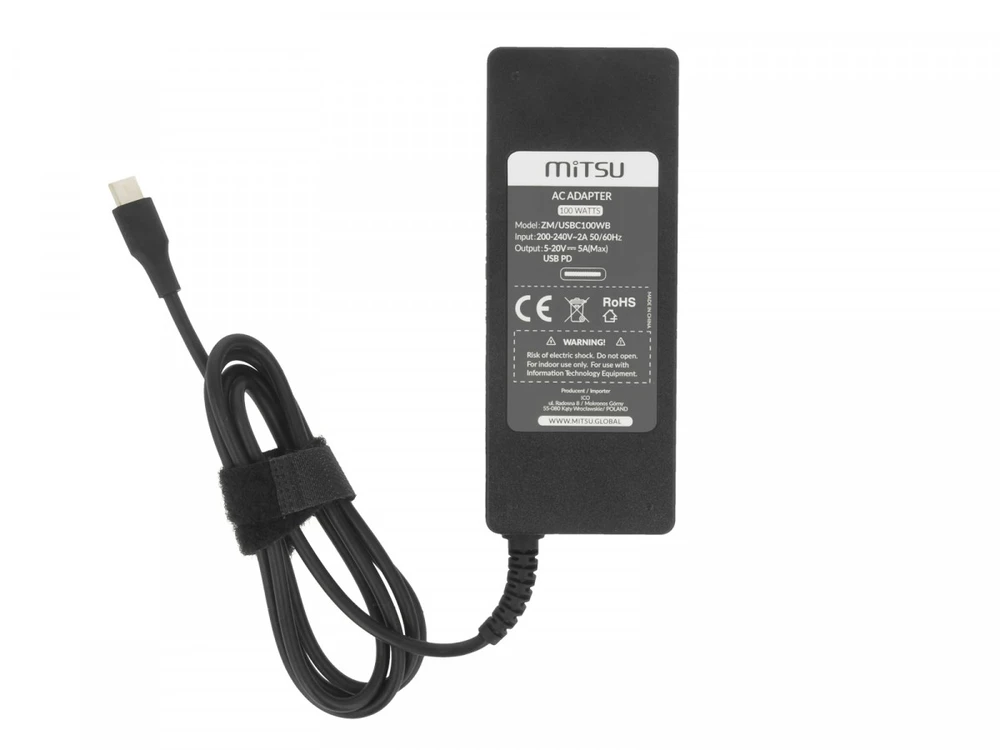 Nešiojamojo kompiuterio maitinimo adapteris Mitsu Maitinimo šaltinis sieciowy 100W USB-C, USBC, 5-20V, 3-5A (juodas) do notebooka